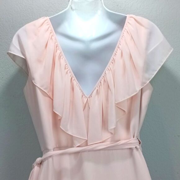 Ceremony by Joanna August Lola Blush Pink Ruffle Chiffon Wrap maxi Dress sz L - Picture 12 of 15